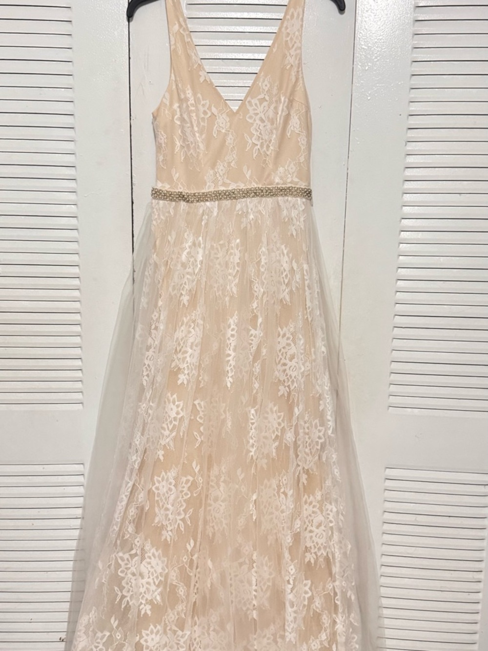Girls Cream Lace Tulle Dress with Beaded Waist
